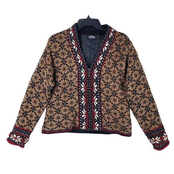 Vtg Icelandic Design Sweater Jacket Womens S Nordic Brown Multicolor Lined - Picture 1 of 15